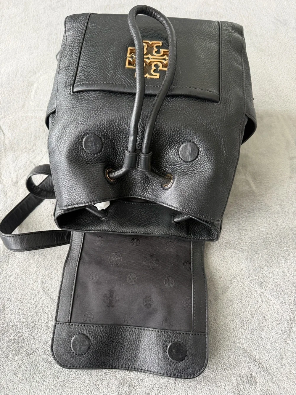 Tory Burch Black Pebbled Leather Logo Drawstring Backpack with Gold Hardware
